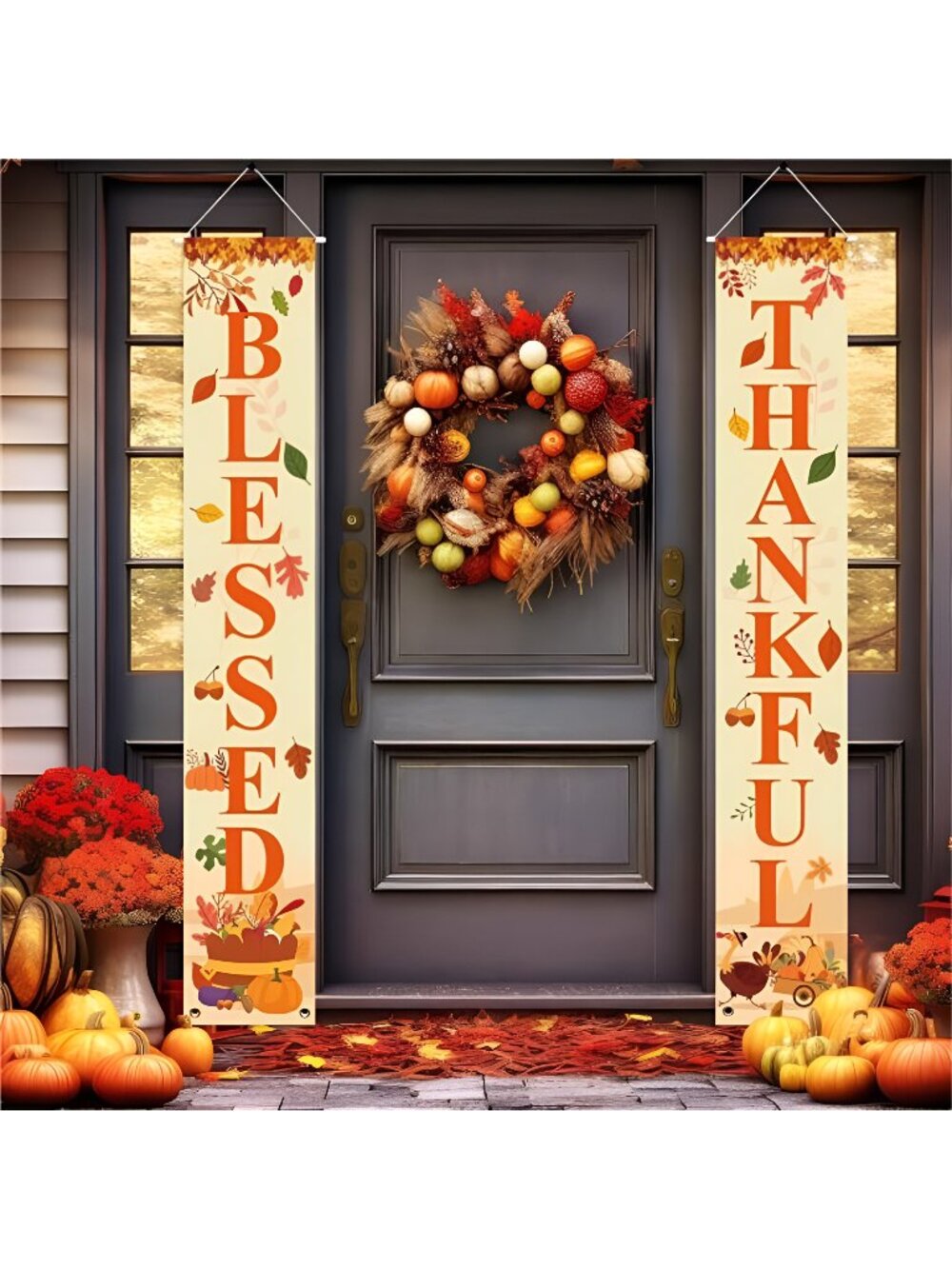 Pumpkin Maple Leaves Welcome Sign for Home Farmhouse Decor 70 x 12 Inch